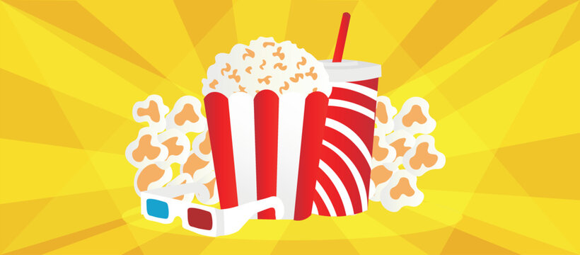 Banner with popcorn, cup of soda drink and 3D glasses on yellow background