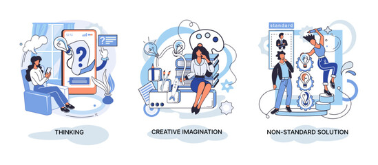 Fototapeta premium Creative thinking. People with different mental mindset types or model creative. Imaginative logical and structural thinking. MBTI person metaphor. Non standart solution. Brain think people solve idea