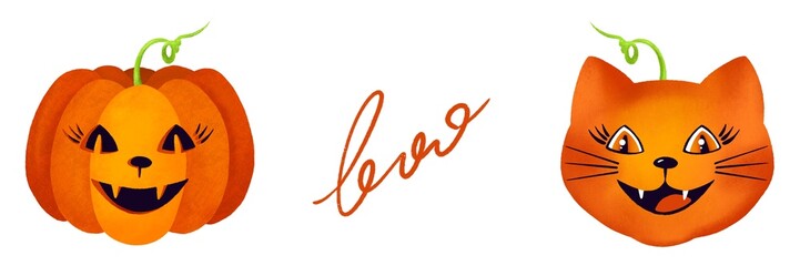 Halloween, Jack o lantern pumpkin lamp and cat. Beautiful textural illustration, funny and kind character. Cute cat's face. Boo by hand. Postcard, poster, invitation, advertisement. Trick or treat