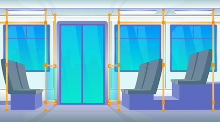 Cartoon Color City Bus Empty with Blue Seats Interior Inside Concept Flat Design Style. Vector illustration © bigmouse108
