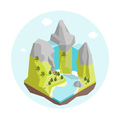 Cartoon Color Flying Island with Waterfall Isolated on a White Background Fantasy Game Concept Flat Design Style. Vector illustration