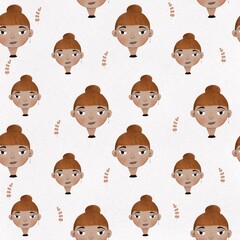Seamless pattern with girl's faces. Portraits of girls with red hair on white background for fabric, paper, books, toys, school design, kids print.