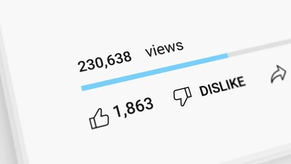 Social media interactions animation of unbranded website with growing numbers counting and blue progress bar