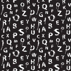 Seamless pattern with abstract letters in form of white paint blots and splashes on a black backdrop. Vector background with english alphabet letters. Suitable for wallpaper, wrapping paper, fabric