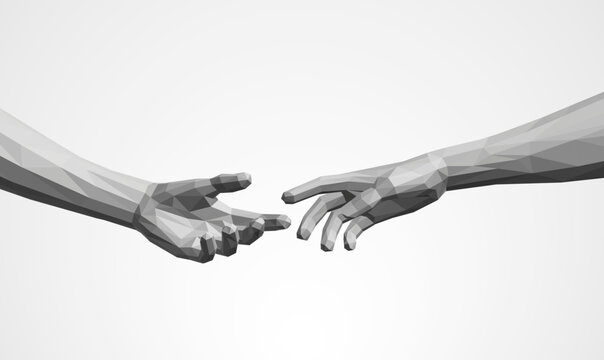 Polygonal Lowpoly Hands Reaching to Each Other. Offering Help Gesture