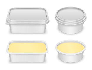 Vector white rectangular and round containers for butter, margarine or cheese