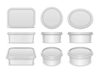 Vector white rectangular, round and oval containers for butter, margarine or cheese