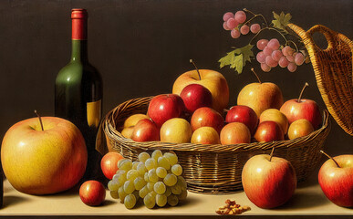 Stilleben im Herbst mit Äpfeln und Kürbis und Obst Stillife Digital Grafik AI Illustration