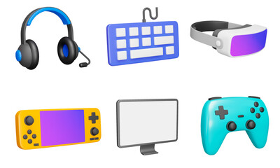 Gaming 3d icon set. Gaming and multimedia. Game console and accessories. Headphones, keyboard, vr glasses, console, monitor, gamepad. Isolated icons, objects on a transparent background