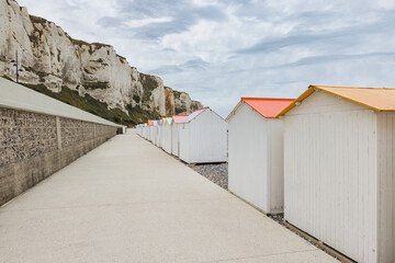 row of beach huts at the beach of Le Treport, Seine-Maritime, France