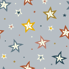 Seamless pattern with cartoon stars with cute faces