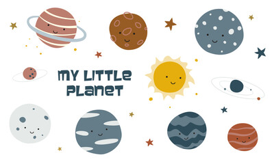 Set of cartoon planets with cute faces