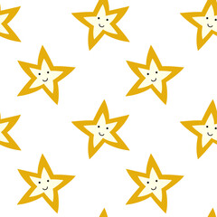 Seamless pattern with cartoon stars with cute faces in a geometric pattern