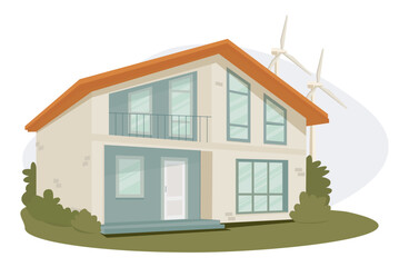 Environmentally friendly electricity production, green energy concept. House with wind turbines.