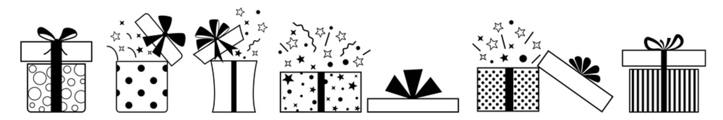 Set of gift boxes with bows and different patterns, in black colors, isolated on white background