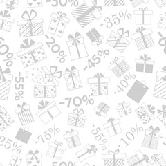 Seamless pattern of gift boxes with bows and different patterns, and discount percentages, gray on white background