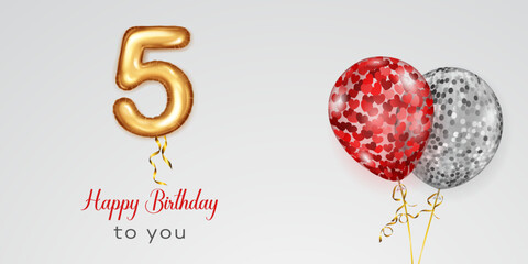 Festive birthday illustration with colored helium balloons, big number 5 golden foil balloon and inscription Happy Birthday on white background