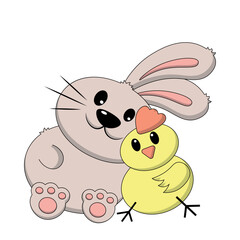 Cute Rabbit and Chicken hug. Draw illustration in color