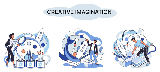 Creative mind, imagination or brainstorm or originative idea concept. Creative imagination. Phantasy space and creativity. Phantasy flow and creativity metaphor, fantasies in mind. Vision development