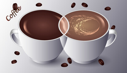 Two cups of coffee on a background with coffee beans