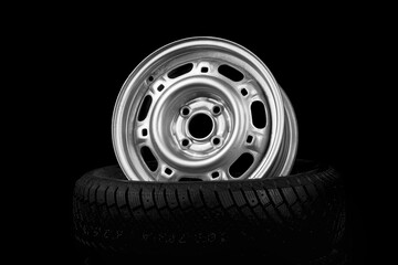 Obraz premium Black Stylish Metallic Shiny Car Rim on Car Tires