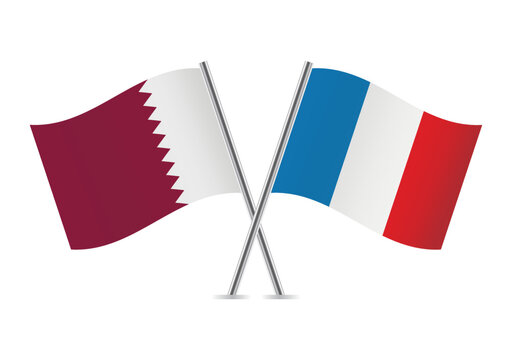 Qatar and France crossed flags. Qatari and French flags, isolated on white background. Vector icon set. Vector illustration.