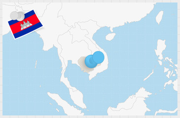 Map of Cambodia with a pinned blue pin. Pinned flag of Cambodia.