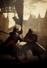 knights fighting in a castle, wearing heavy armor and sword