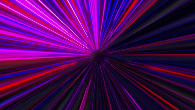 Rotating cyber tunnel with neon stripes. Motion. Jump into cyberspace with bright neon rays of tunnel. Tunnel with high-speed moving flow of colorful lines