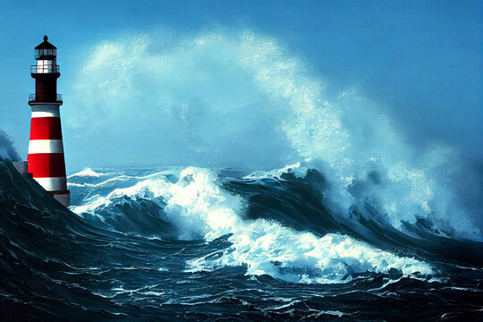 Leader and vision concept. Lighthouse In stormy landscape. 
