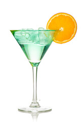 Green drink with ice cubes and orange slice on white background, isolated