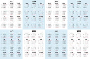 Calendar Planner 2023 - 2030. Calendar template. Design Print Template.