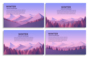 Winter forest and mountains landscape banners