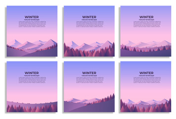 Winter forest and mountain landscape post