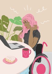 girl in wheelchair studying - obrazy, fototapety, plakaty