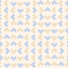 Vector geometric seamless pattern. Ethnic tribal style ornament. Abstract graphic background with arrows. Simple embroidery texture. Plaid pattern. Light blue and gold color. Repeat vintage design