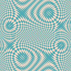 Fototapeta premium Vector seamless pattern with optical illusion effect. Simple abstract background, distorted checkered grid. Op art. Warp surface. Retro vintage 1960s - 1970s style. Turquoise color. Psychedelic design