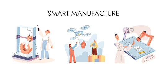 Smart manufacture, automation development metaphor. Innovative smart industry product design, manufacturing process, automated production line, delivery and distribution robots machinery industry 4.0