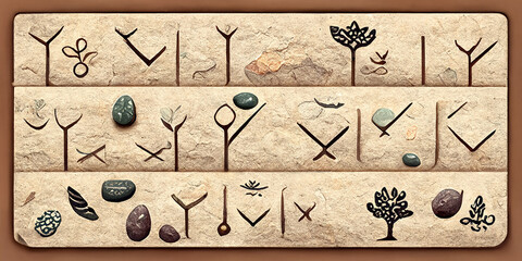 Stone game menu boards with stones hieroglyphs and leaves.