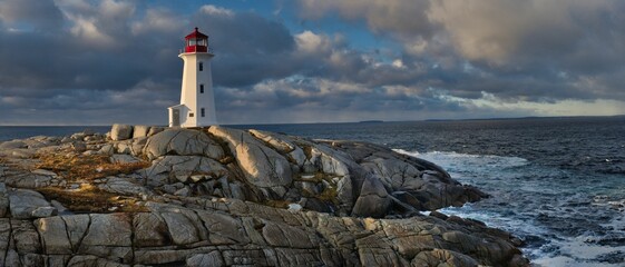 Panoramic shot of a beacon near a seashore in peggy's cove