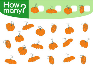 Counting game for preschool children vector illustration. Educational mathematical game. Count how many pumpkins by shapes and write the result. Flat cartoon style 