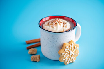 Winter Christmas holidays background with Cup of cocoa or hot chocolate with whipped cream with cinnamon sprinkles