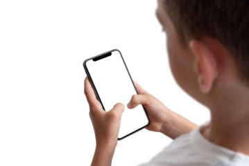 Boy holding smart phone with isolated transparent display and background