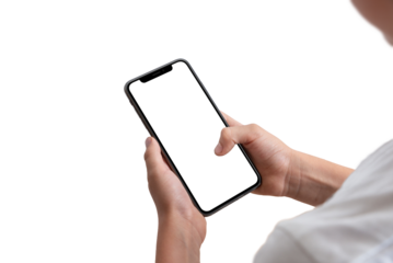 Child hold phone and look on white screen. Isolated transparent background. Surf, chat, play game, watch video concept