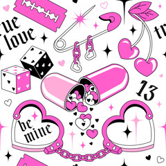 Gothic concept of creepy love. Emo gothic seamless pattern with pill, handcuffs, chain, heart. Glamour pink teen girl's background in Y2k style. Fun 90s, 00s aesthetic. - obrazy, fototapety, plakaty