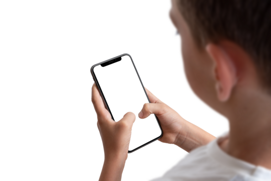 Boy holding smart phone with isolated transparent display and background
