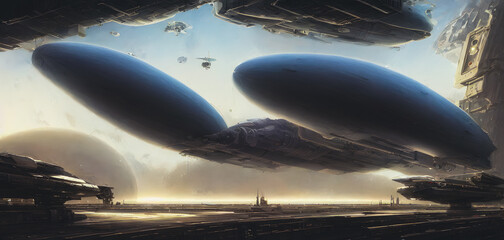 Plakat Artistic painting concept of spaceship in futuristic landscape, digital art style, illustration background painting. Creative Design, Tender and dreamy design.