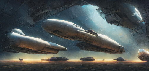 Fototapeta na wymiar Artistic painting concept of spaceship in futuristic landscape, digital art style, illustration background painting. Creative Design, Tender and dreamy design.