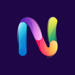 Letter N logo made of overlapping colorful lines. Rainbow vivid gradient modern icon.