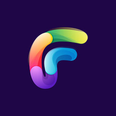 Letter F logo made of overlapping colorful lines. Rainbow vivid gradient modern icon.